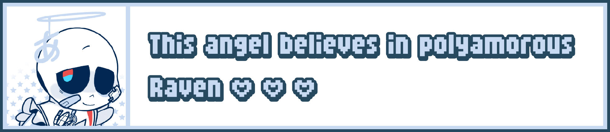 userbox description: light blue borders and a dark blue underline, the icon is one of my old echoi style imitation drawing features Raven in mizuiro clothing. Text is colored in light blue and has dark blue borders/shadow, uses a bold and pixelate font, an