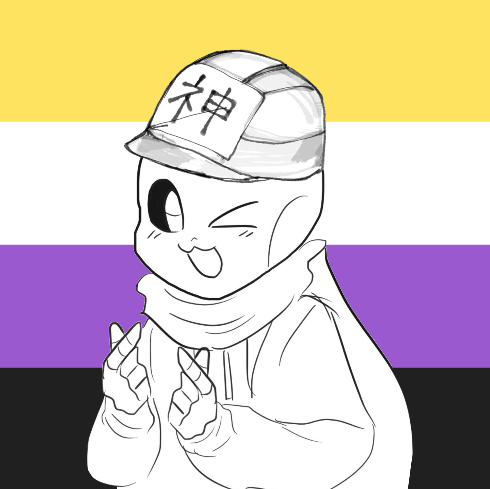 Raven with the shinsei kamattechan 「神」hat and the nonbinary flag behind him
